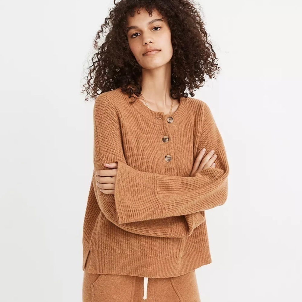 NEW Madewell (Re)sourced Cashmere Ribbed Henley Sweater Honey Chestnut Large